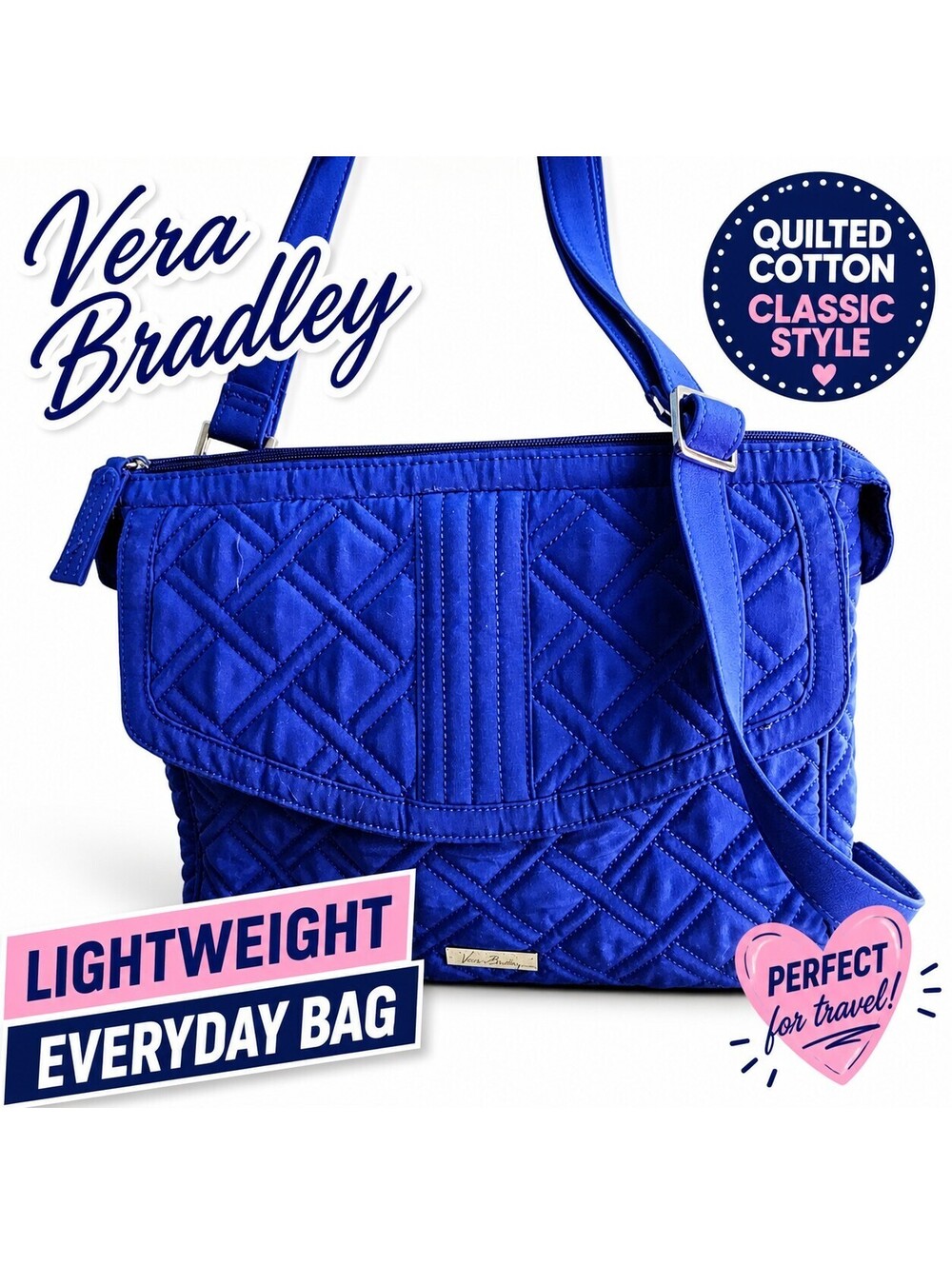 Vera Bradley Blue Quilted Crossbody Bag Flap Purse Adjustable Strap Travel